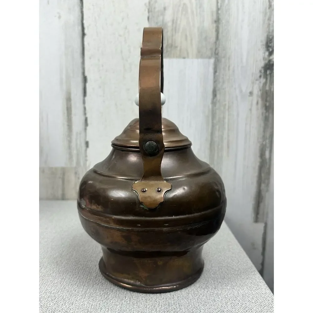 Folk Art‎ COPPER Tea Pot Kettle Patina Vintage Hand Made Porcelain Knob